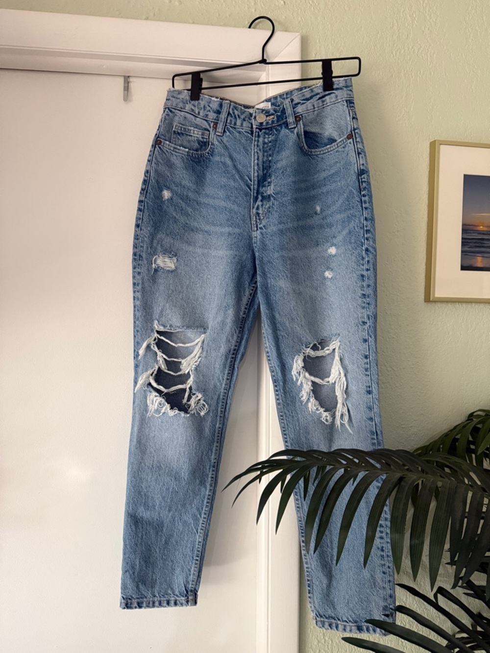 Zara Distressed Jeans Light Wash High Rise Straight Leg Raw Hem Trendy Denim